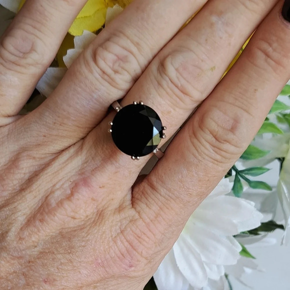 Black Tourmaline & White Zircon Ring In 925 Sterling Silver - Picture 3 of 6